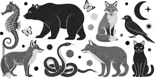 Black and white dotted of various animals and celestial dotted pattern bear