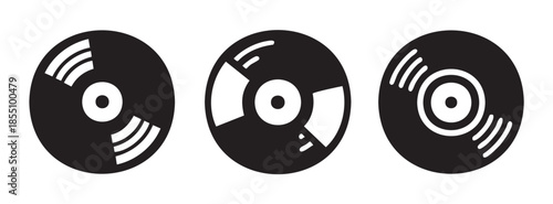 Three vinyl record music disc icons featuring various abstract white patterns, symbolizing classic audio entertainment and retro sound media.