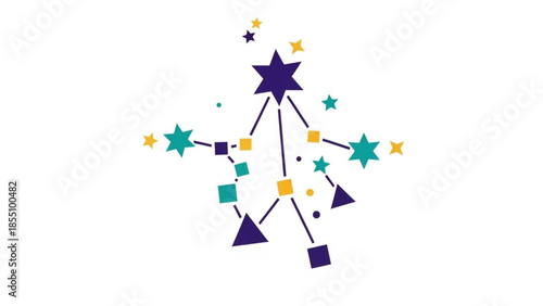 A creative constellation pattern with purple, teal, and yellow stars, geometric shapes on white background for design, decoration,
