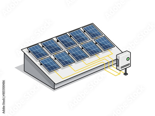 Isometric illustration of solar panels installed on a rooftop, connected to an inverter, symbolizing renewable energy and sustainability