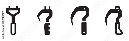 Four black climbing tools icons representing various types of ice axes and mountaineering equipment used for alpine adventures and winter sports.