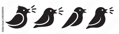 Four stylized black birds singing in a row, depicted as simple graphic icons with sound waves emanating from their open beaks, symbolizing communication.