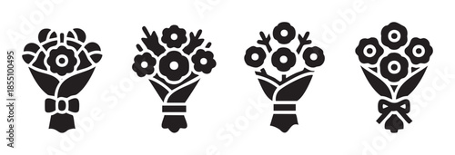 Four different flower bouquets icon set showcasing various floral arrangements wrapped for gifting, ideal for celebrations, love, and special occasions.