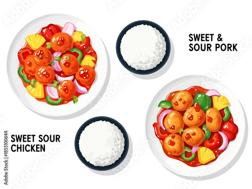Artistic Representation of Asian Cuisine Sweet and Sour Pork and Chicken with Rice