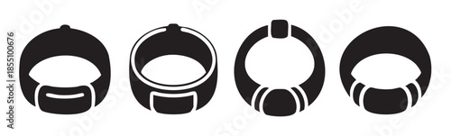 Four abstract urinals or toilet bowls are depicted in a minimalist black and white vector illustration, showcasing various modern restroom fixture designs.
