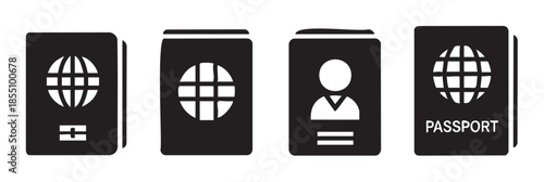 Passport icons set representing international travel and identification documents, essential for global mobility and official verification.