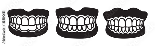 Human teeth anatomy illustration set showcasing various dental structures within stylized black silhouettes, representing oral health and dentistry concepts in a clean, graphic design.