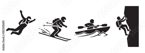 Outdoor adventure sports pictograms illustrating skydiving, downhill skiing, kayaking, and rock climbing in a clean graphic style.