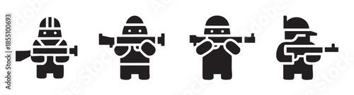 Four stylized military soldier figures holding various weapons, representing concepts of war, defense, security, and armed forces in a simple icon style.