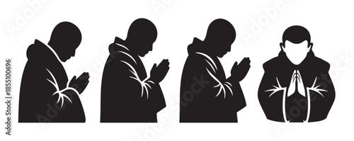 Four religious figures are depicted in various meditative and praying poses, symbolizing devotion, spirituality, and inner peace in a minimalist vector illustration.