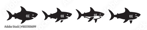 Four black shark silhouettes swimming in a row, depicted as simple graphic icons representing marine life, danger, and aquatic creatures.