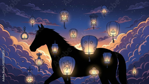 Mystical black horse silhouette with lanterns floating around it against a cloudy sky at dusk