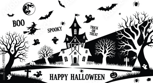 Black and white Halloween scene with haunted house bats and ghosts