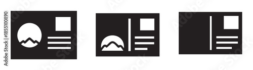 Minimalist black and white postcard icons representing travel communication, vacation memories, and sending greetings to loved ones.