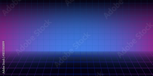 Neon background in 80s style, laser grid illustration with floor and shiny white door. Abstract disco club interior with star sky, poster template for vaporwave, synthwave music style.