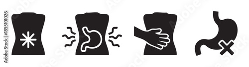 Stomach pain icons illustrating various gastrointestinal discomforts, including indigestion, heartburn, and abdominal cramps, in a clear medical graphic.