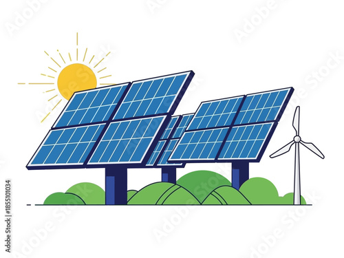 Renewable Energy Sources Solar Panels and Wind Turbine Generating Clean Electricity Under the Sun