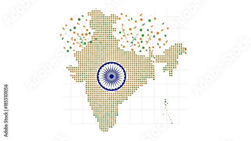 India map with colorful dots and blue wheel symbol on white background