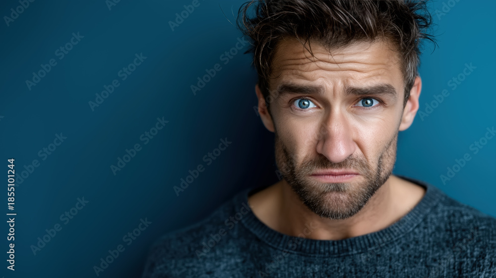 Obraz premium Young man with blue eyes expressive skeptical face studio portrait casual sweater teal blue background
