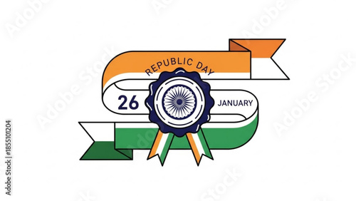 Indian republic day graphic design with tricolor ribbon and seal on white background, 26 january celebration