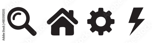 Magnifying glass, house, gear, and lightning bolt icons represent essential functions for modern digital interfaces and user experience.