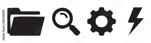 Four essential black vector icons provide versatile symbols for modern digital applications and conceptual representations, including folder, search, settings, and power.