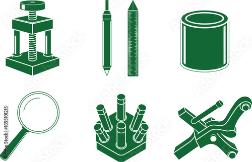 Black and white engineering and industrial tools icon set with measuring, manufacturing and mechanical equipment symbols illustration