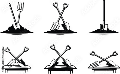 Black and white of gardening tools including pitchforks and shovels rake