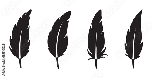 Four black feather silhouettes in a row illustrating different stylized bird plumage designs, perfect for decorative elements or symbolic imagery.