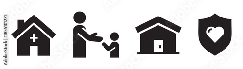 Four distinct symbolic icons represent essential concepts of care and safety, including healthcare, family, home, and protection, presented as a cohesive visual set.