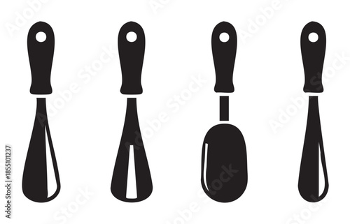 Kitchen utensils set of four cooking spatulas or scrapers in a minimalist black silhouette style, representing various kitchen tools for culinary tasks.