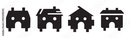 Four simple house icons representing various architectural styles and residential properties are arranged in a row, suitable for real estate or home-related design projects.