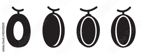 Four simple black melon fruit icons vector illustration depicting various stylized designs of sweet, juicy produce for healthy eating concepts.
