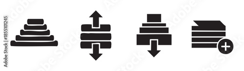These four black and white data management icons represent various actions like stacking, uploading, downloading, and adding information or files.
