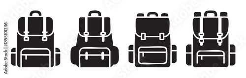 Four different stylized backpack icons representing travel, school, hiking, and outdoor adventure activities in a simple vector format.