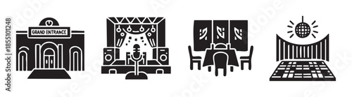 Entertainment venues and event spaces icons representing nightlife, dining, live performances, and grand entrances for various leisure activities.