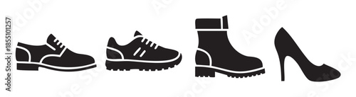 Various types of shoes, including dress shoes, sneakers, boots, and high heels, are depicted as black silhouette icons on a clean white surface.
