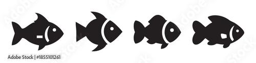 Four stylized black fish icons represent aquatic life and marine animals, suitable for various design projects and educational materials.