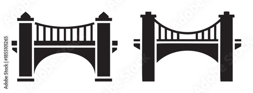 Two stylized bridge icons, rendered in a clean black silhouette, representing architectural structures for connection, travel, and infrastructure design elements.