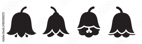 Four black silhouette bell flower icons representing spring blooms and delicate botanical elements in a simple vector graphic style.