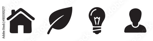 House, leaf, lightbulb, person icons representing sustainable living concepts for smart homes, eco-friendly energy, and community-focused innovation.