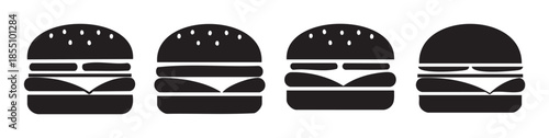 Four stylized hamburger icons representing fast food and quick meals, perfect for menus, apps, digital design projects, and culinary branding.