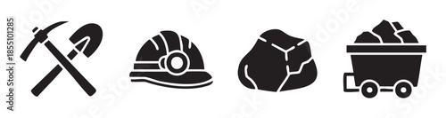 Mining tools, equipment, and materials icons representing the industry, including a pickaxe, shovel, hard hat, coal, and a minecart, in a simple black silhouette style.