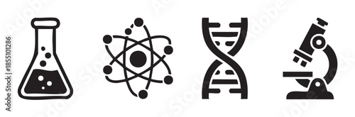 Science icons set featuring a laboratory flask, atomic model, DNA helix, and a microscope, representing various fields of scientific study and research.