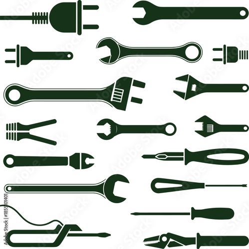 Minimalist black and white hand tools icon set with wrenches, screwdrivers, pliers and electrical plug symbols