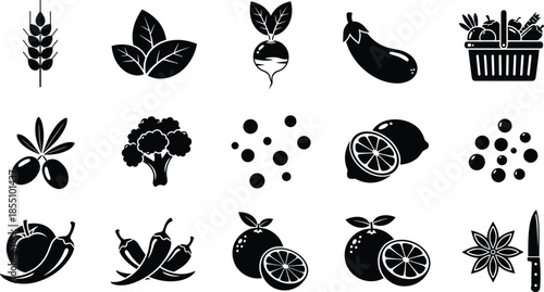 Black and white of various fruits vegetables and grains
