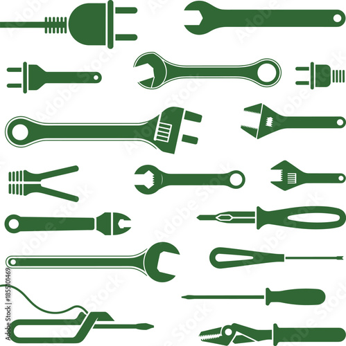 Minimalist black and white hand tools icon set with wrenches, screwdrivers, pliers and electrical plug symbols