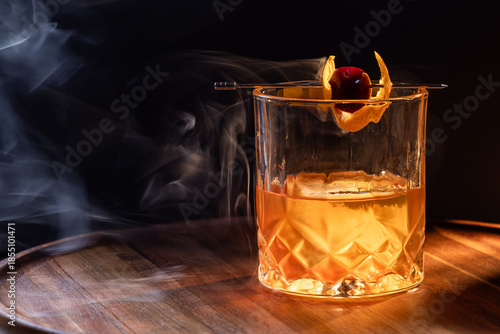 aromatic smoke on top of a cocktail served with an orange peel and a cherry. The use of dramatic lighting highlights the smoke and feel of the cocktail.