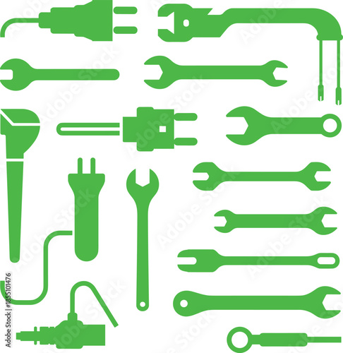 Minimalist black and white hand tools icon set with wrenches, screwdrivers, pliers and electrical plug symbols