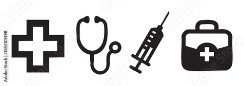 Medical symbols and tools representing healthcare and emergency services are displayed as simple black silhouette icons on a clean field.